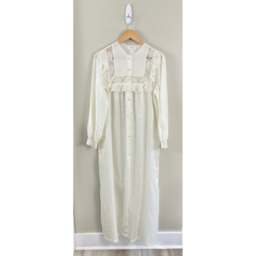 Barbizon Vtg Long Sleeve Satin Lace Nightgown Ivory Coquette Cottage Core‎ USA